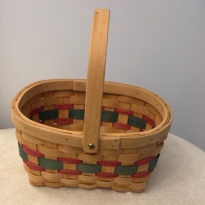 Rustic Woven Basket with Red and Green Stripes